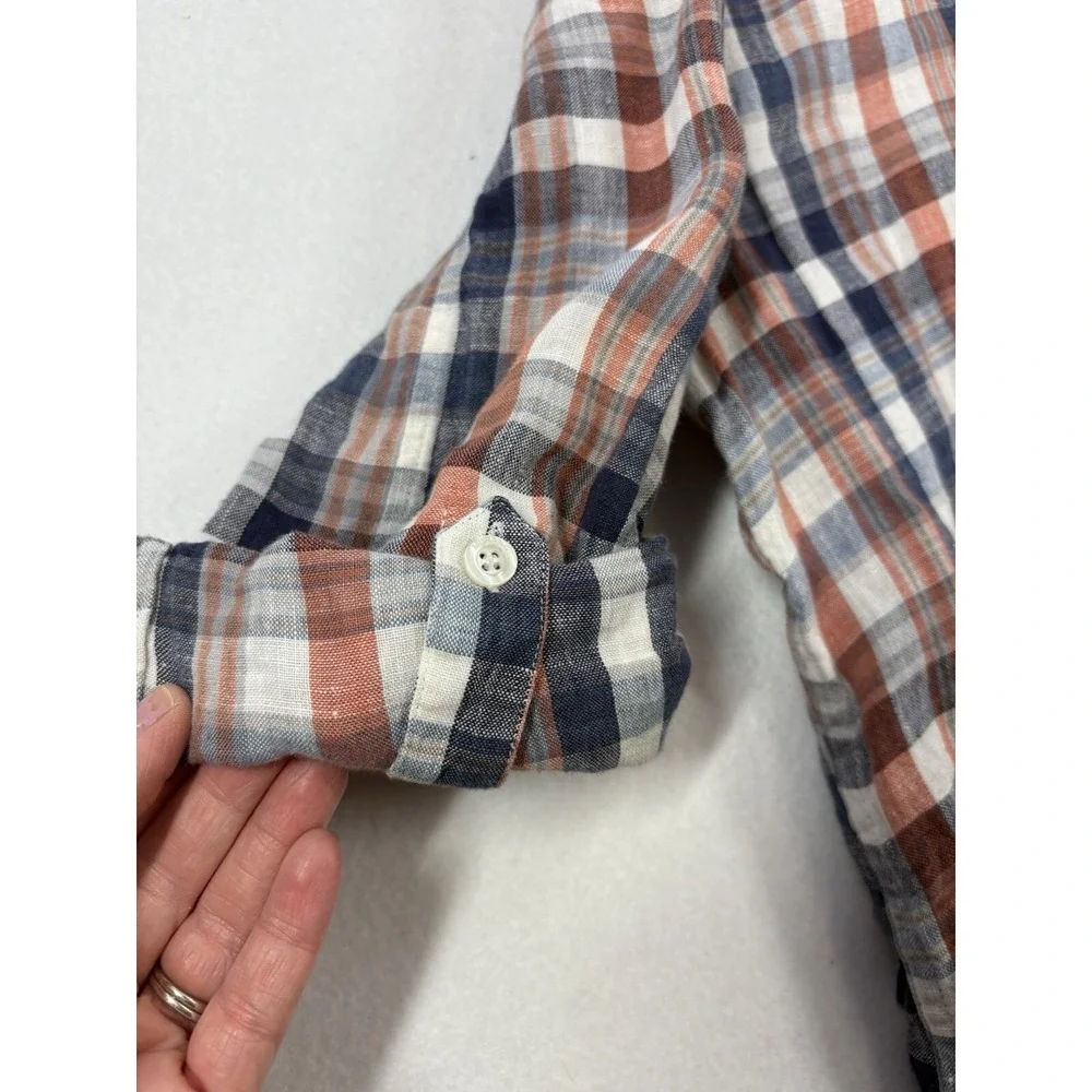 Baird McNutt Mens Linen Shirt Murano Slim Fit Blue Orange Plaid Button Up‎ Large